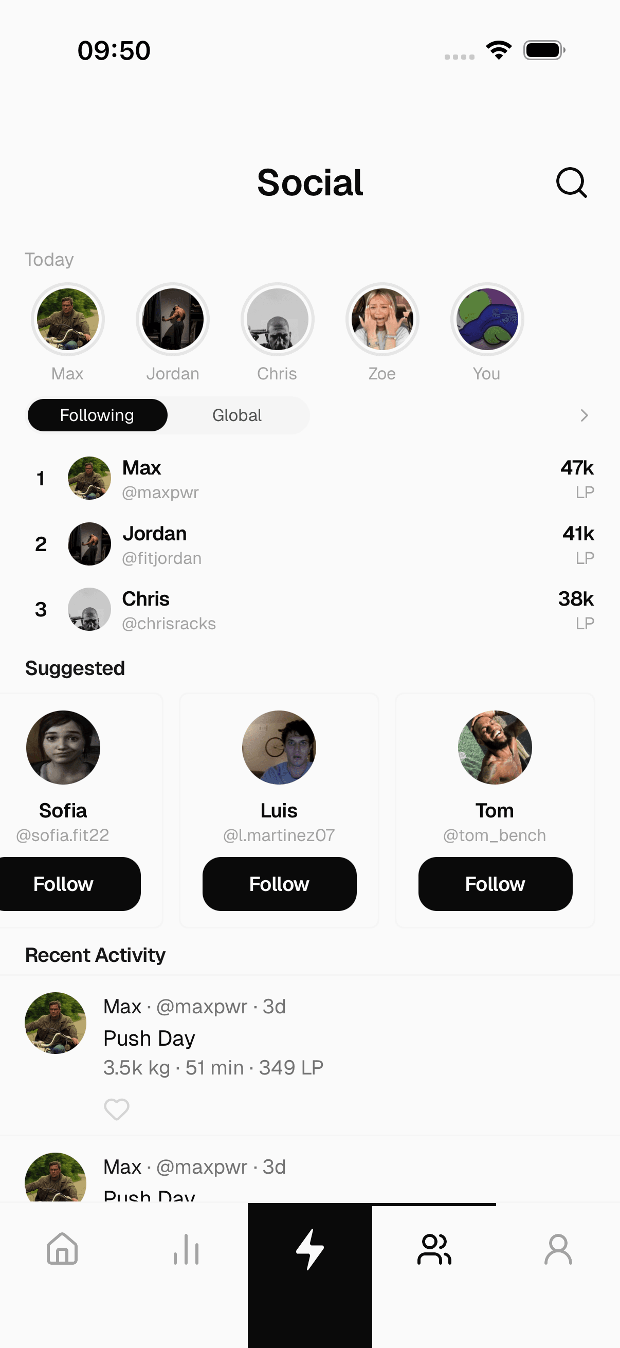 Crank social — leaderboard and friends