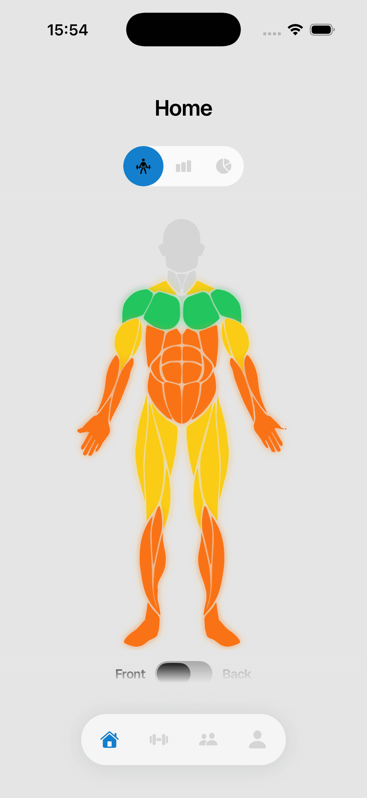 Crank body map — front view, each muscle painted by strength tier