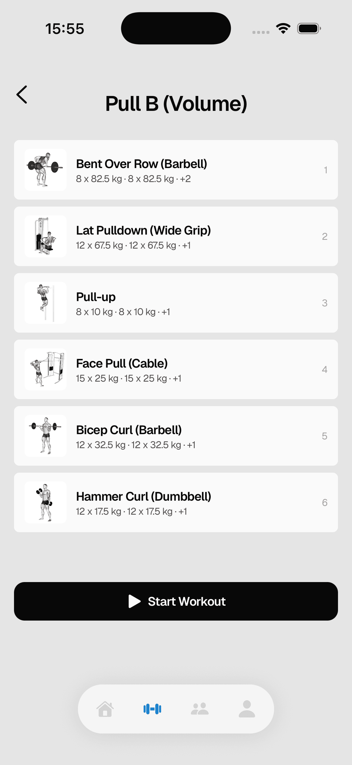 Crank exercise library — a template's movements with form-demo thumbnails