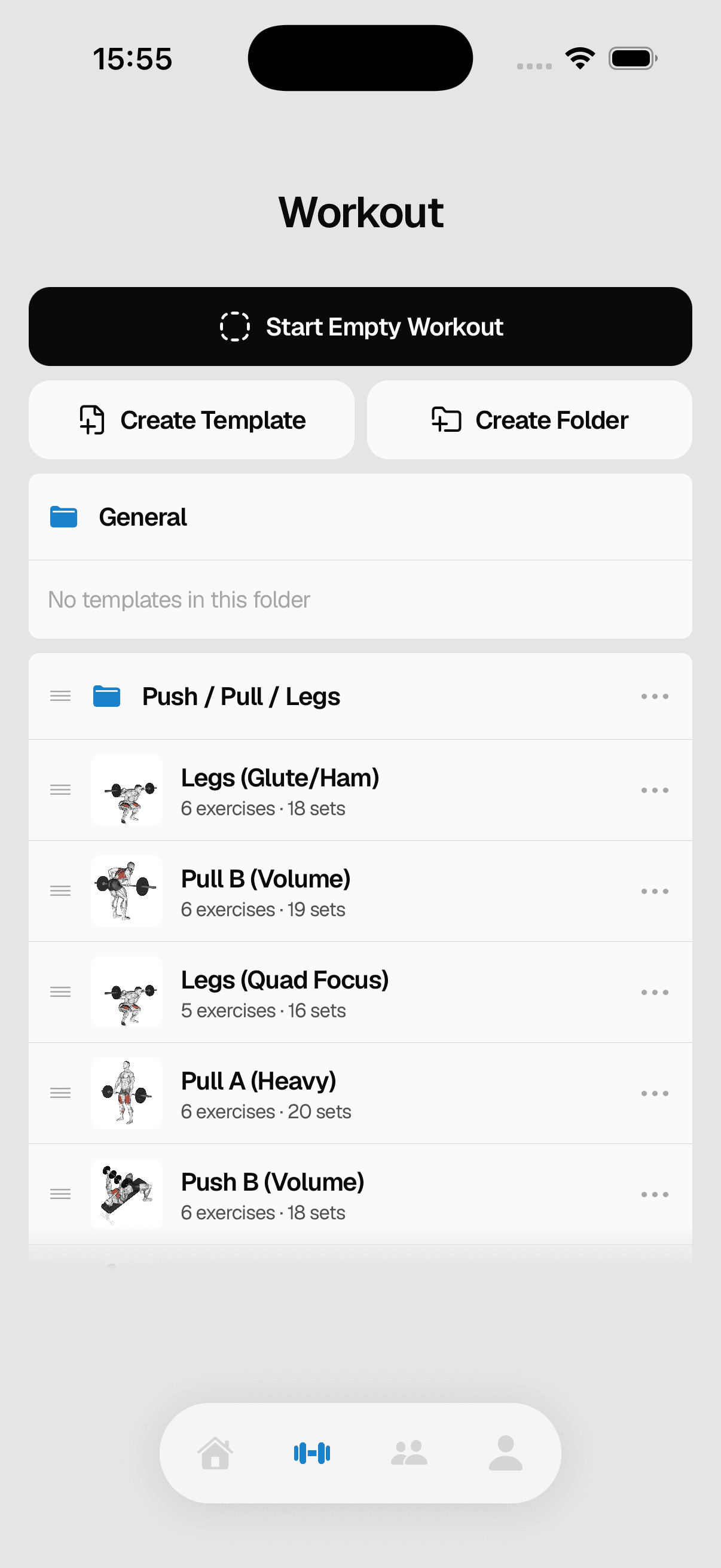 Crank workout templates organised in folders
